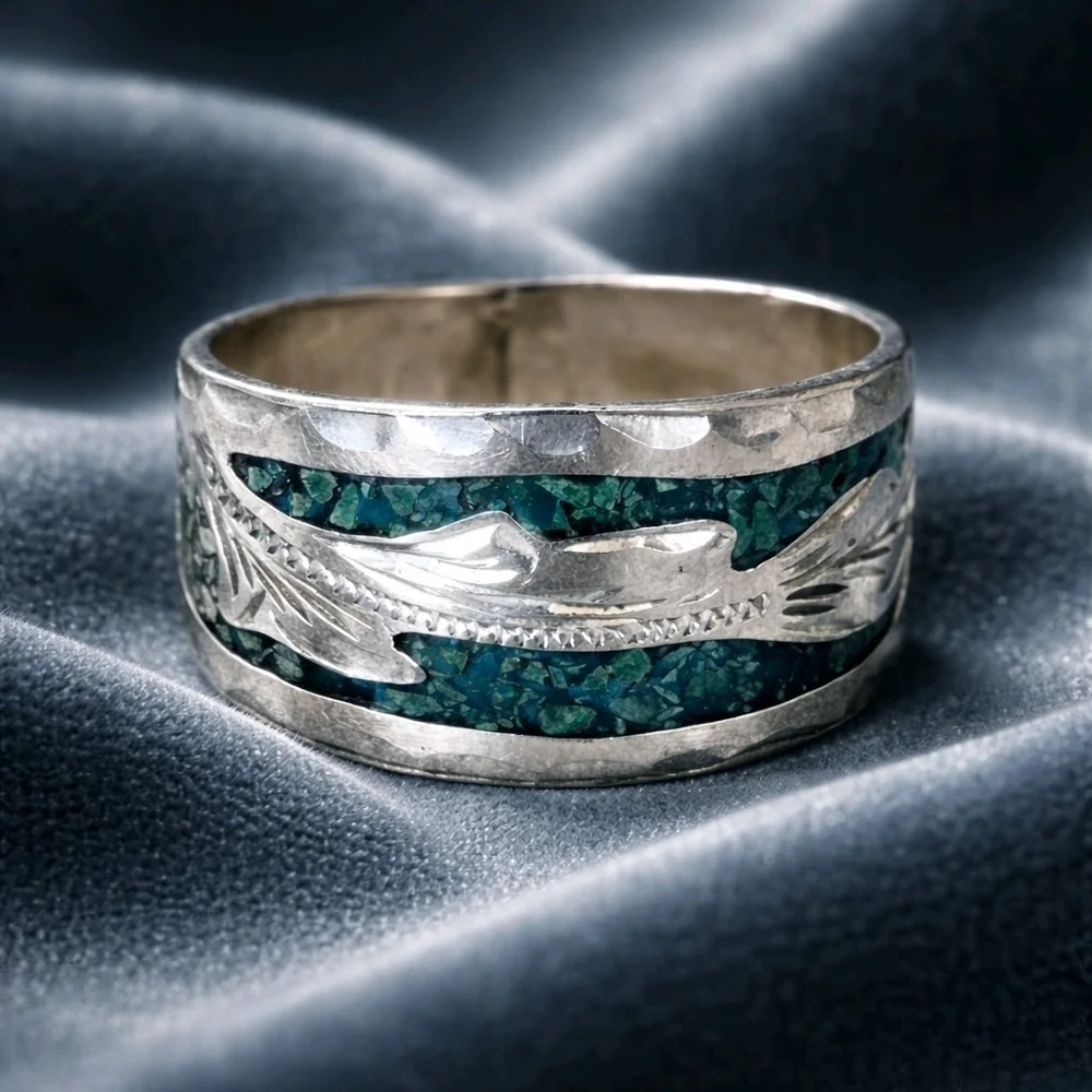 Ring 925 Sterling Torquoise Chips Pre Ownwed